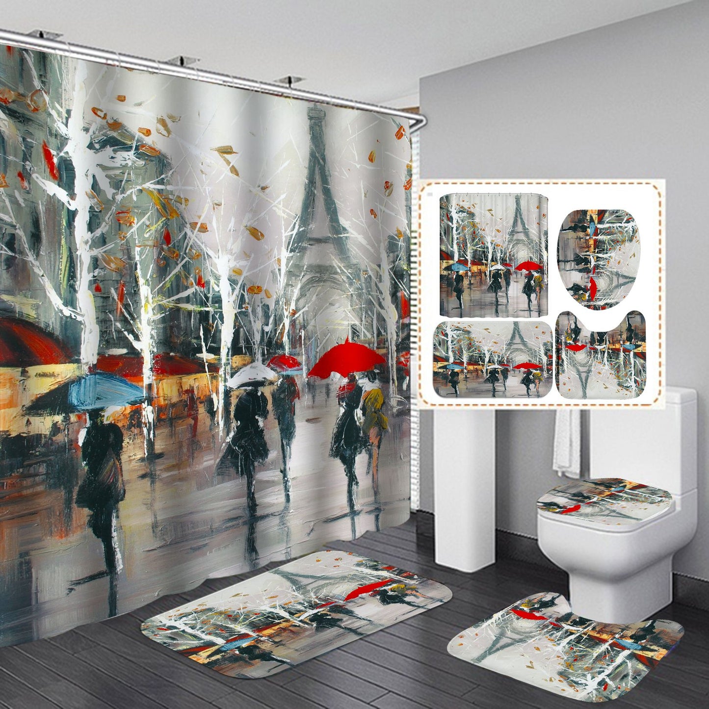 Paris in The Rain Painting Shower Curtain Set - 4 Pcs
