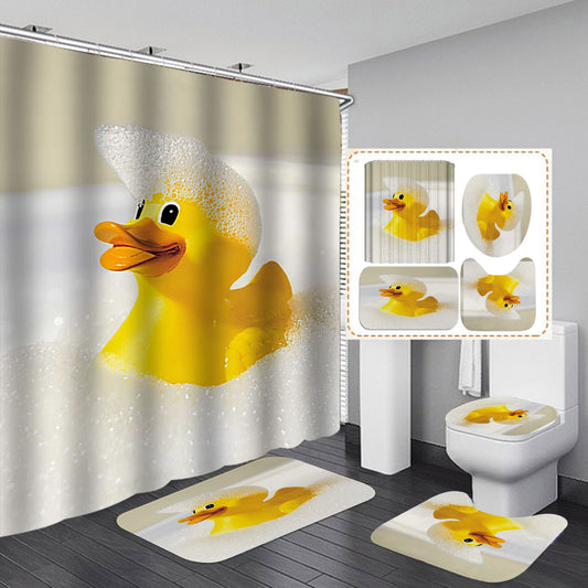 Classic Swimming Rubber Duck Bathing Foam Shower Curtain Set - 4 Pcs