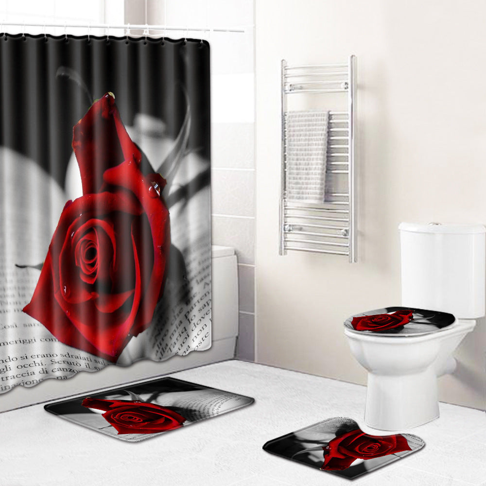 新品LB Valentines Day Red Rose Flower Shower Curtain Set Floral