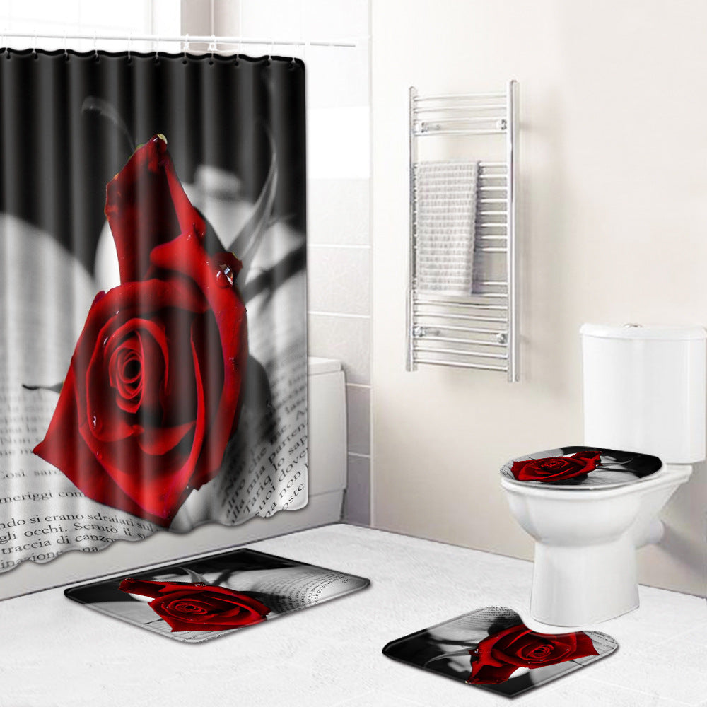 Elegant Book with Red Rose Shower Curtain Set - 4 Pcs
