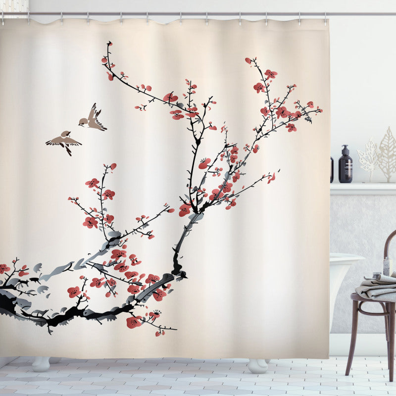 Asian Blossom Tree with Birds Shower Curtain