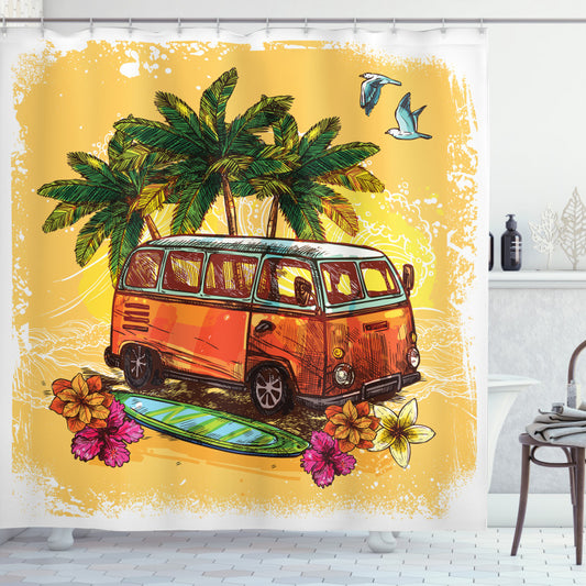 Hippy Style Old Bus with Surfboard Shower Curtain