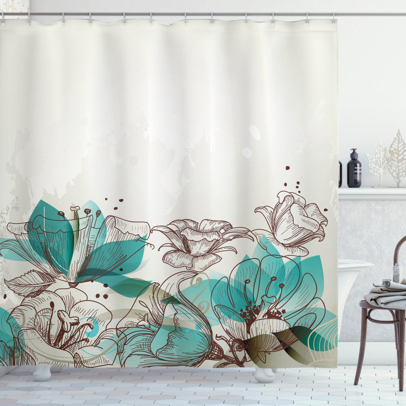 Retro Teal Blue Hibiscus Flower Shower Curtain