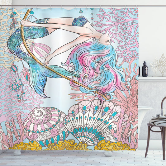 Greek Myth Mermaid Pink Coral Seashell Underwater Shower Curtain