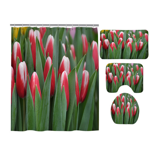 Nature Red Tulip Blossom Shower Curtain Set - 4 Pcs