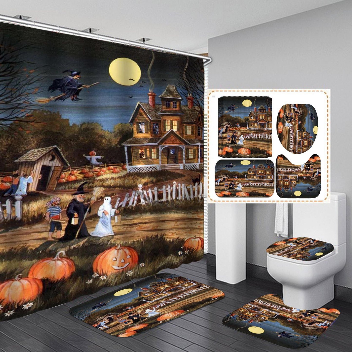 Freaky Halloween Costume Dressed People And Flying Witch Scene Shower Curtain