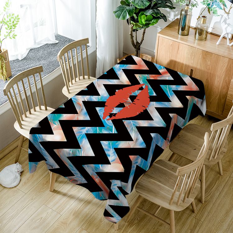 Red Lipstick Tablecloth Black Zigzag with Feathers Rectangle Table Cover