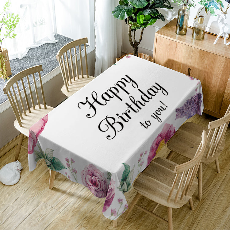 Birthday Party Celebration Table Cover with Flowers And Happy Birthday Quote Printing Tablecloth