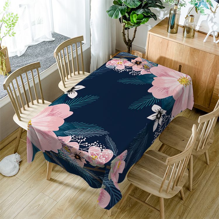 Pink Floral Tablecloth Blooming Floral with Tropical Leaf Rectangle Table Cover